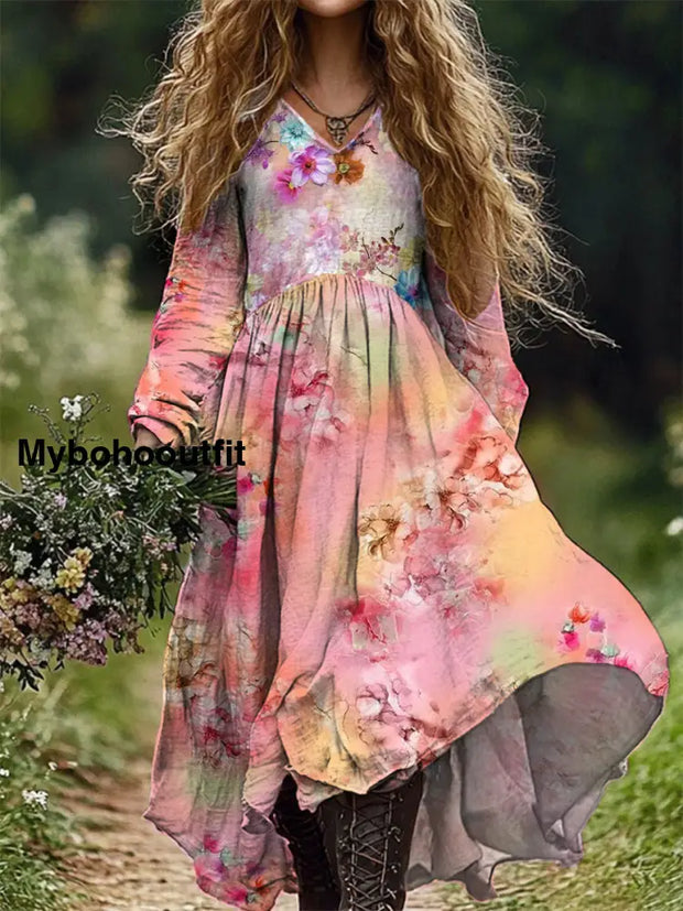 Women’s Fashion Elegant Art Floral Print Long-Sleeved V-Neck Long Dress A / S