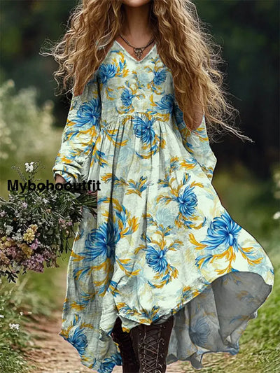 Women’s Fashion Elegant Art Floral Print Long-Sleeved V-Neck Long Dress A / S