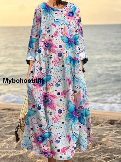 Women’s Fashion Elegant Art Floral Print Round Neck Long Sleeve Maxi Dress A / S