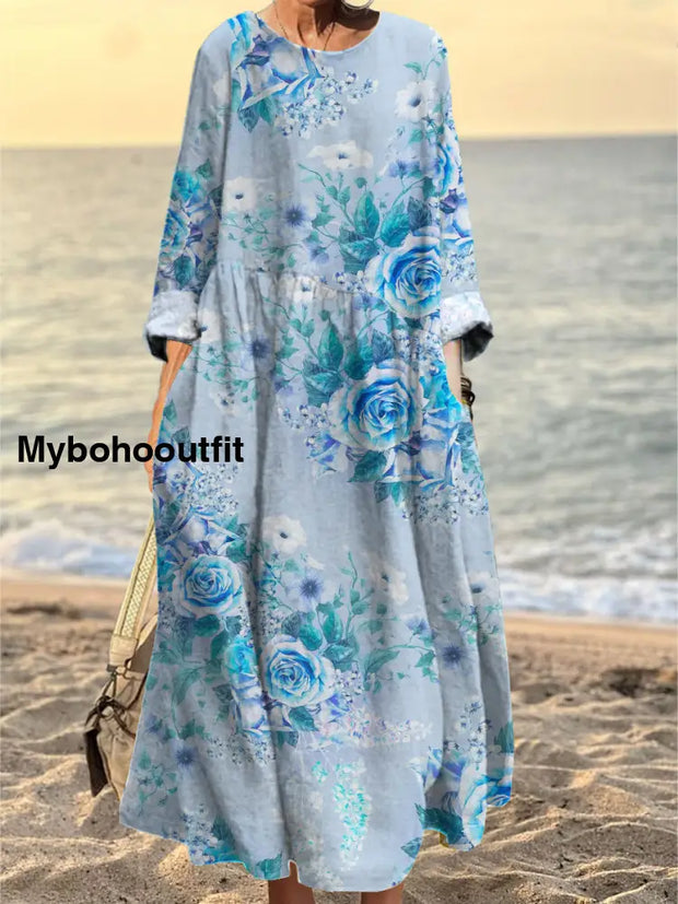 Women’s Fashion Elegant Art Floral Print Round Neck Long Sleeve Maxi Dress A / S