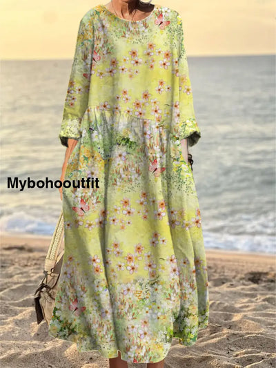 Women’s Fashion Elegant Art Floral Print Round Neck Long Sleeve Maxi Dress A / S