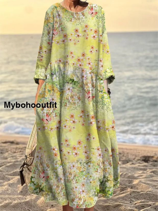 Women’s Fashion Elegant Art Floral Print Round Neck Long Sleeve Maxi Dress A / S