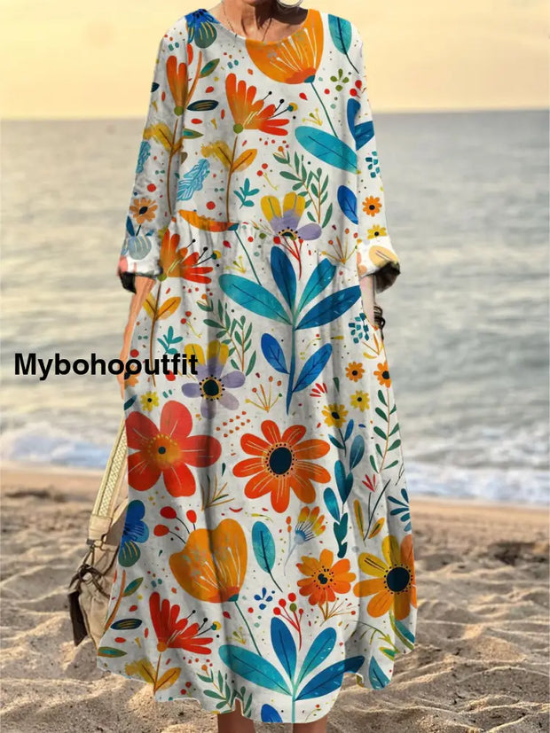 Women’s Fashion Elegant Art Floral Print Round Neck Long Sleeve Maxi Dress A / S