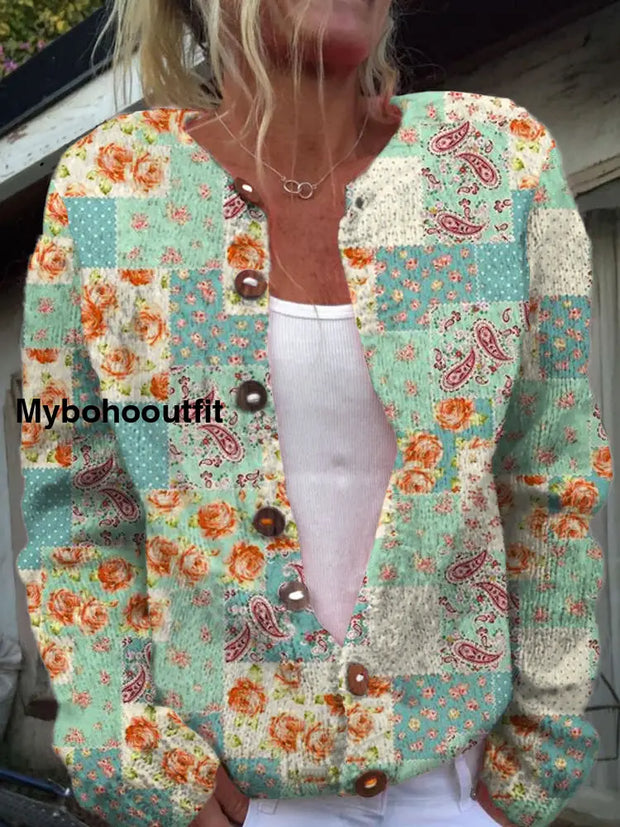 Women’s Fashion Elegant Art Floral Print V-Neck Long Sleeve Button Cardigan Sweater A / S
