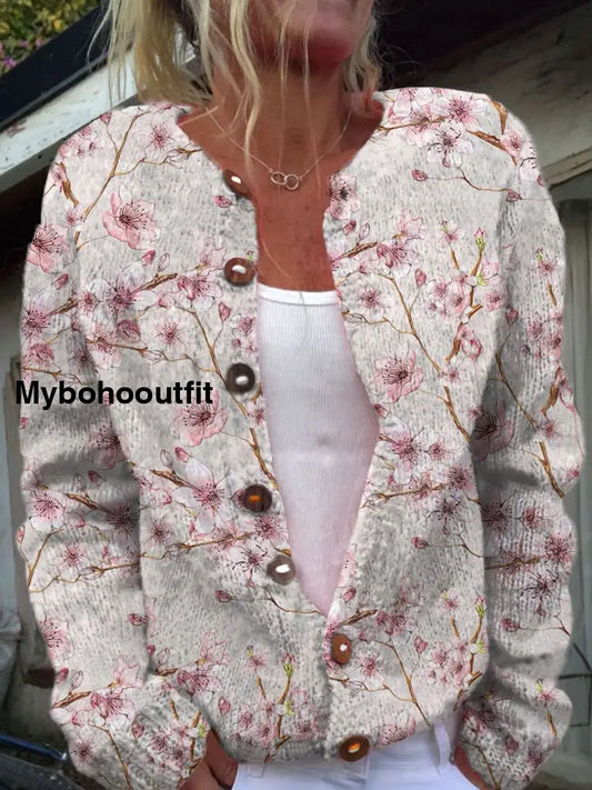 Women’s Fashion Elegant Art Floral Print V-Neck Long Sleeve Button Cardigan Sweater A / S