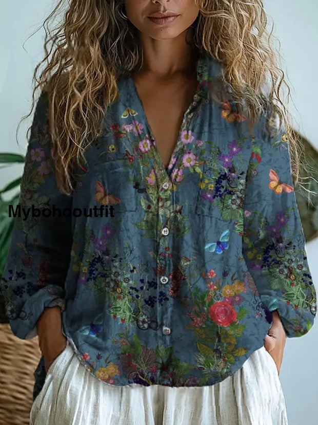 Women’s Fashion Elegant Art Floral Print V-Neck Long Sleeve Button Top A / S