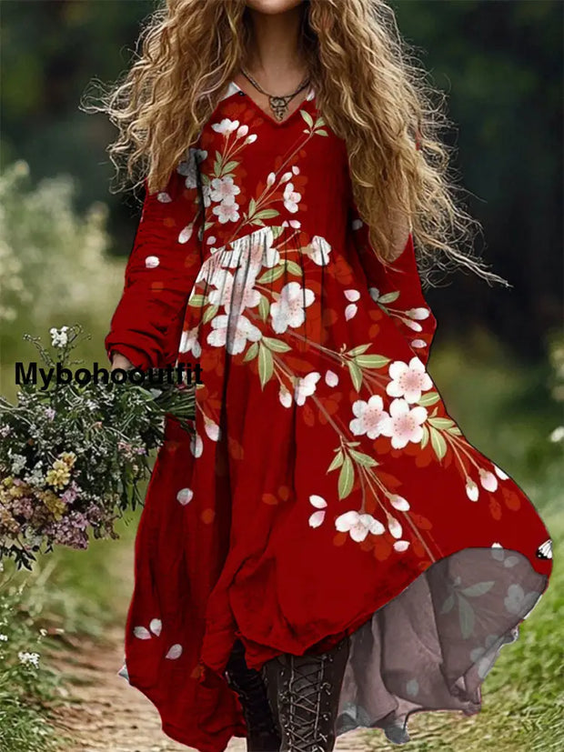 Women’s Fashion Elegant Art Floral Print V-Neck Long Sleeve Dress A / S