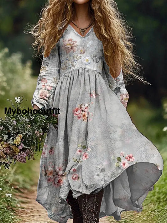 Women’s Fashion Elegant Art Floral Print V-Neck Long Sleeve Dress A / S