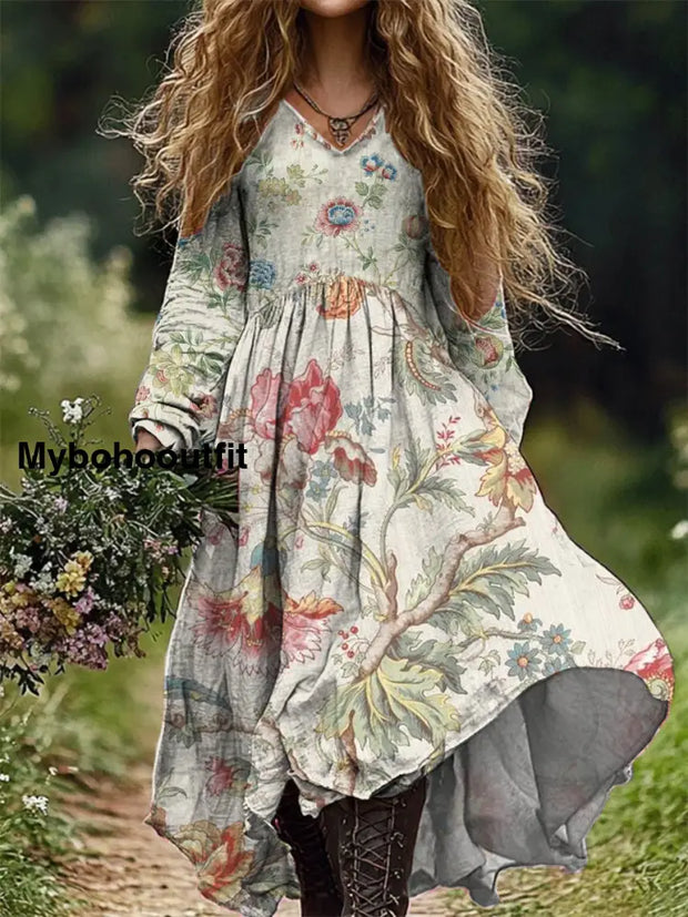 Women’s Fashion Elegant Art Floral Print V-Neck Long Sleeve Dress A / S