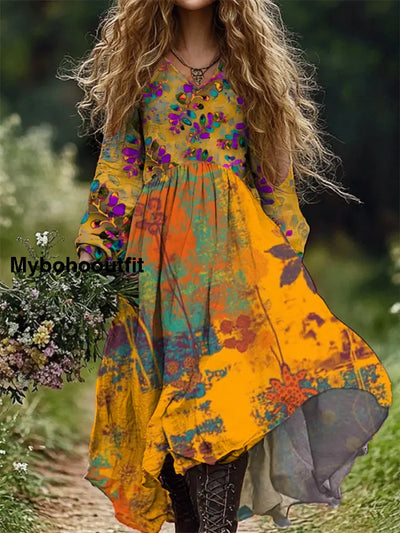 Women’s Fashion Elegant Art Floral Print V-Neck Long Sleeve Maxi Dress A / S