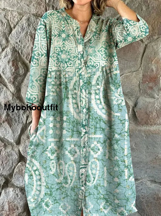 Women’s Fashion Elegant Art Floral Print V-Neck Three-Quarter Sleeve Button Midi Dress A / S
