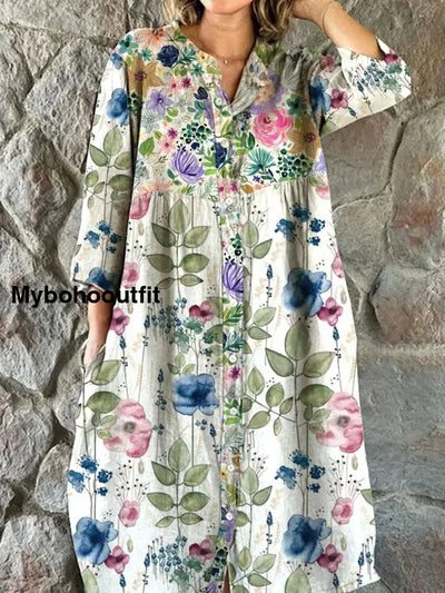 Women’s Fashion Elegant Art Floral Print V-Neck Three-Quarter Sleeve Button Midi Dress A / S