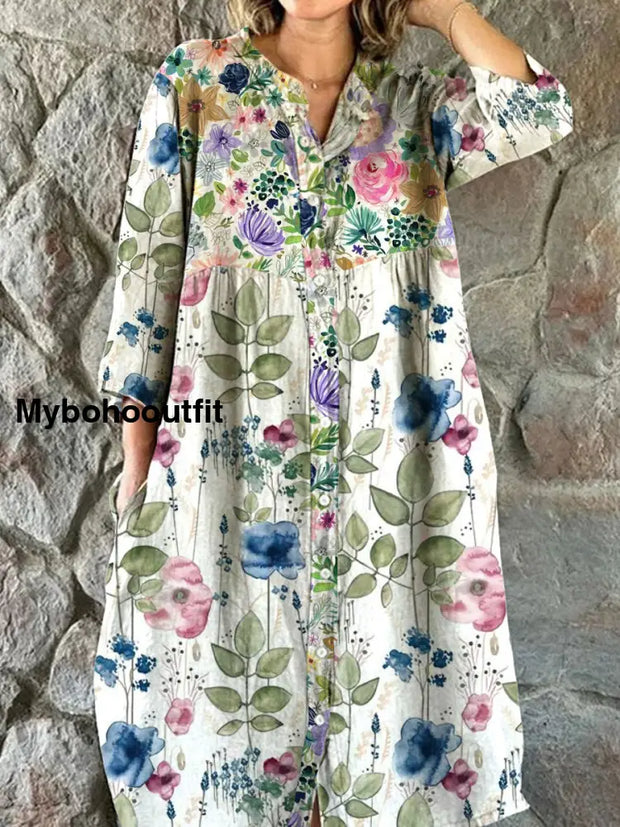 Women’s Fashion Elegant Art Floral Print V-Neck Three-Quarter Sleeve Button Midi Dress A / S