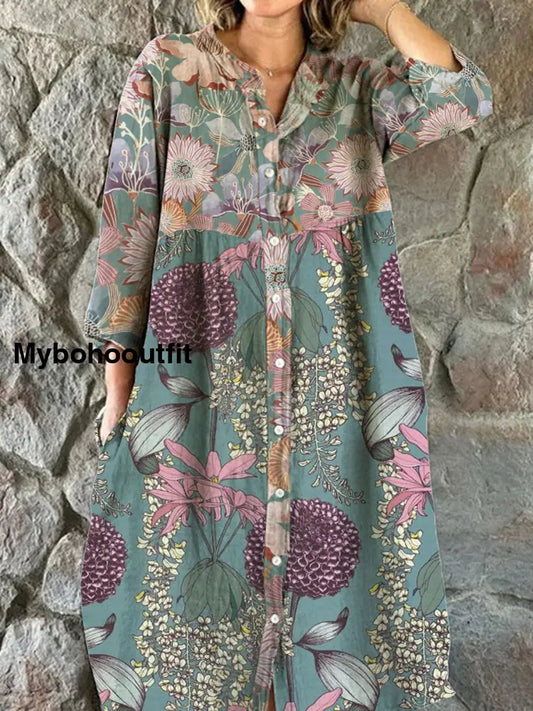 Women’s Fashion Elegant Art Floral Print V-Neck Three-Quarter Sleeve Button Midi Dress A / S