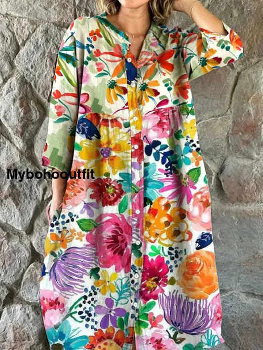Women’s Fashion Elegant Art Floral Print V-Neck Three-Quarter Sleeve Button Midi Dress A / S