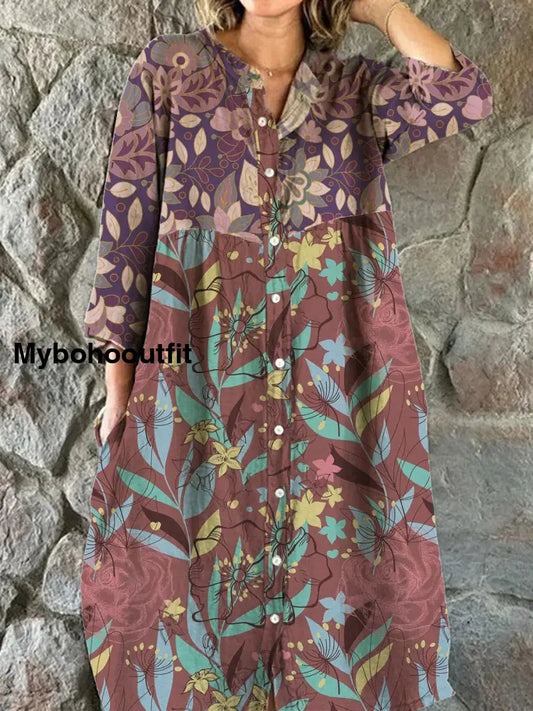 Women’s Fashion Elegant Art Floral Print V-Neck Three-Quarter Sleeve Button Midi Dress A / S