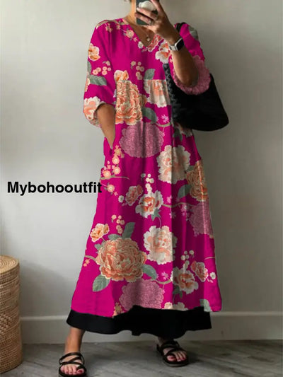 Women’s Fashion Elegant Art Floral Print V-Neck Three-Quarter Sleeve Long Dress A / S