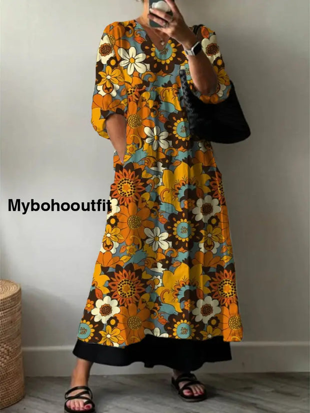 Women’s Fashion Elegant Art Floral Print V-Neck Three-Quarter Sleeve Long Dress A / S