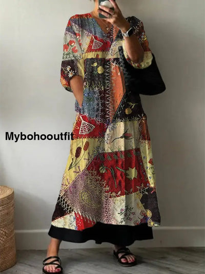 Women’s Fashion Elegant Art Floral Print V-Neck Three-Quarter Sleeve Long Dress A / S