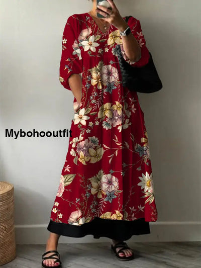 Women’s Fashion Elegant Art Floral Print V-Neck Three-Quarter Sleeve Long Dress A / S