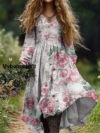 Women’s Fashion Elegant Art Flower Printed Long -Sleeved V -Neck Dress A / S