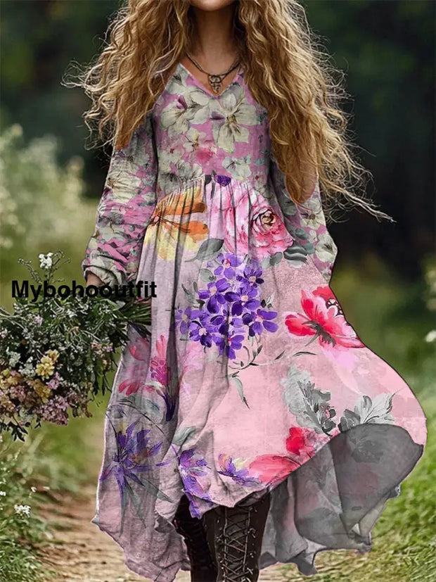 Women’s Fashion Elegant Art Flower Printed Long -Sleeved V -Neck Dress A / S