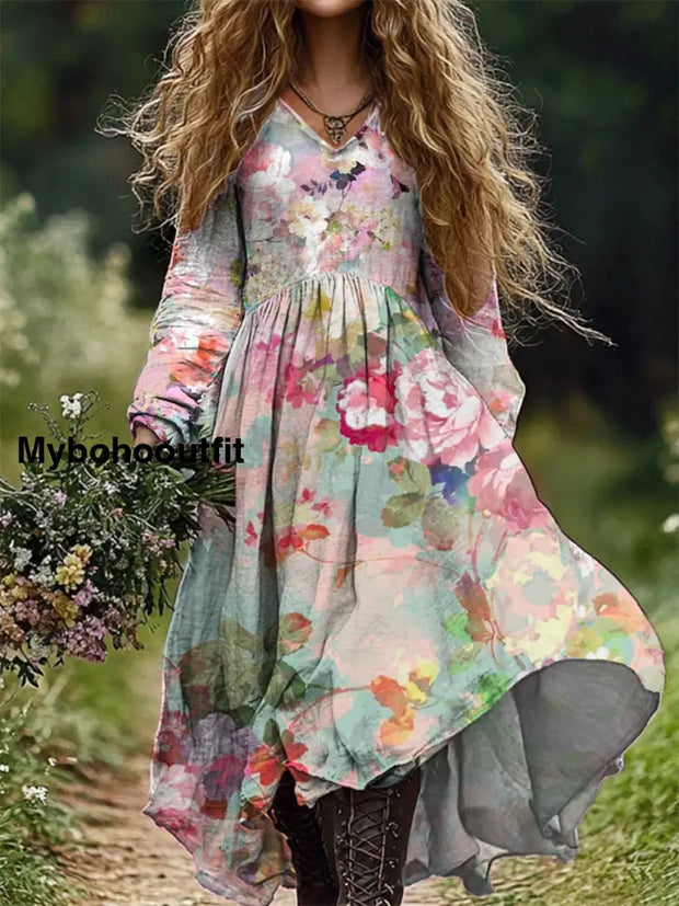 Women’s Fashion Elegant Art Flower Printed Long -Sleeved V -Neck Dress A / S