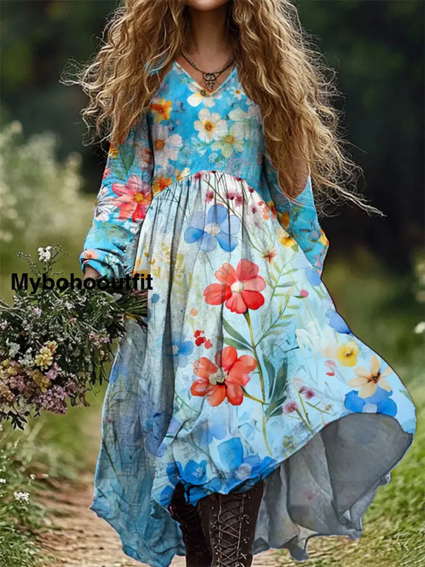 Women’s Fashion Elegant Art Flower Printed Long -Sleeved V -Neck Dress A / S