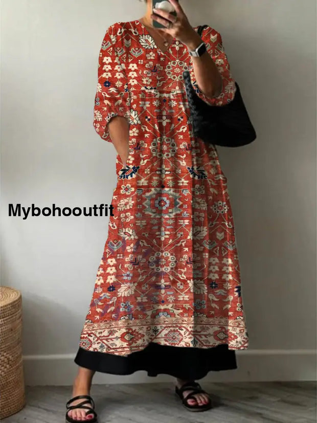 Women’s Fashion Elegant Art Flower Printing Three -Quarter -Sleeved V -Neck Long Dress A / S