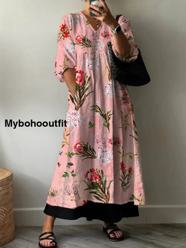 Women’s Fashion Elegant Art Flower Printing Three -Quarter -Sleeved V -Neck Long Dress A / S