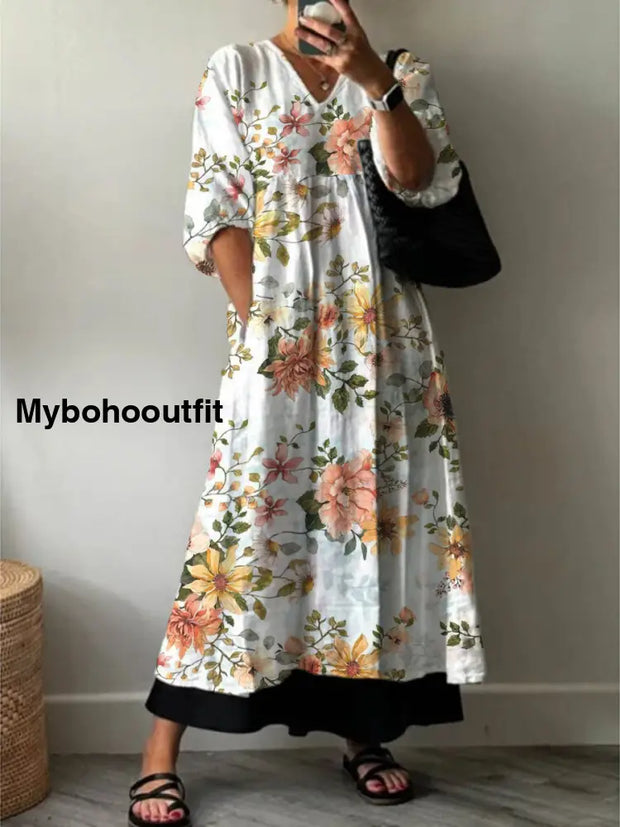 Women’s Fashion Elegant Art Flower Printing Three -Quarter -Sleeved V -Neck Long Dress A / S