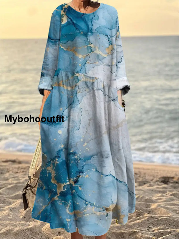 Women’s Fashion Elegant Art Print Round Neck Long Sleeve Maxi Dress A / S