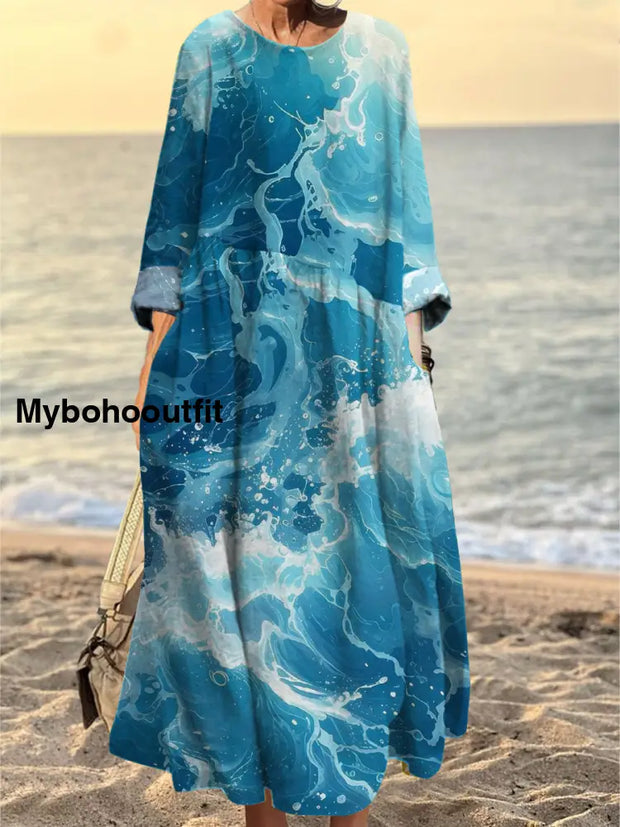 Women’s Fashion Elegant Art Print Round Neck Long Sleeve Maxi Dress A / S