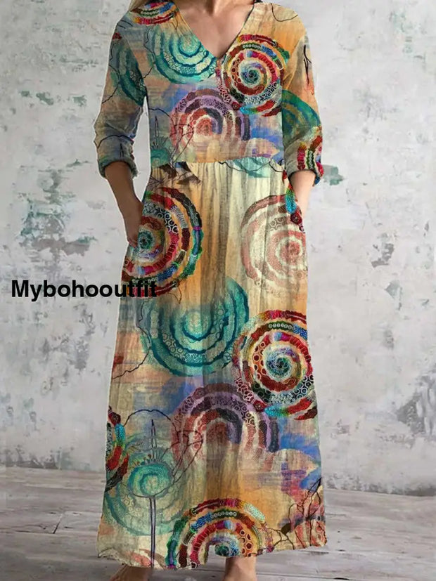 Women’s Fashion Elegant Art Print Three Quarter Sleeve V Neck Maxi Dress A / S