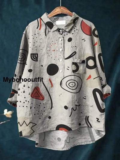 Women’s Fashion Elegant Art Print V-Neck Button Pocket Long Sleeve Shirt Tops A / S