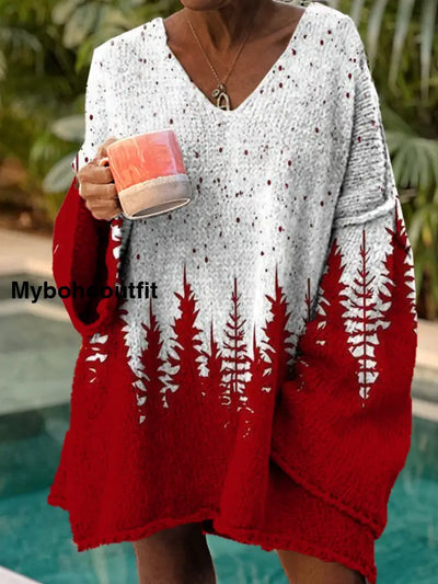 Women’s Fashion Elegant Art Print V-Neck Long Sleeve Loose Sweater A / S