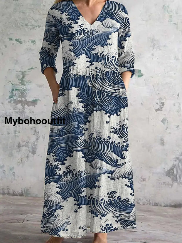 Women’s Fashion Elegant Art Print V-Neck Long Sleeve Maxi Dress A / S