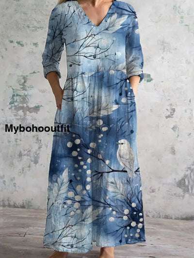 Women’s Fashion Elegant Art Print V-Neck Three Quarter Sleeves Long Dress A / S