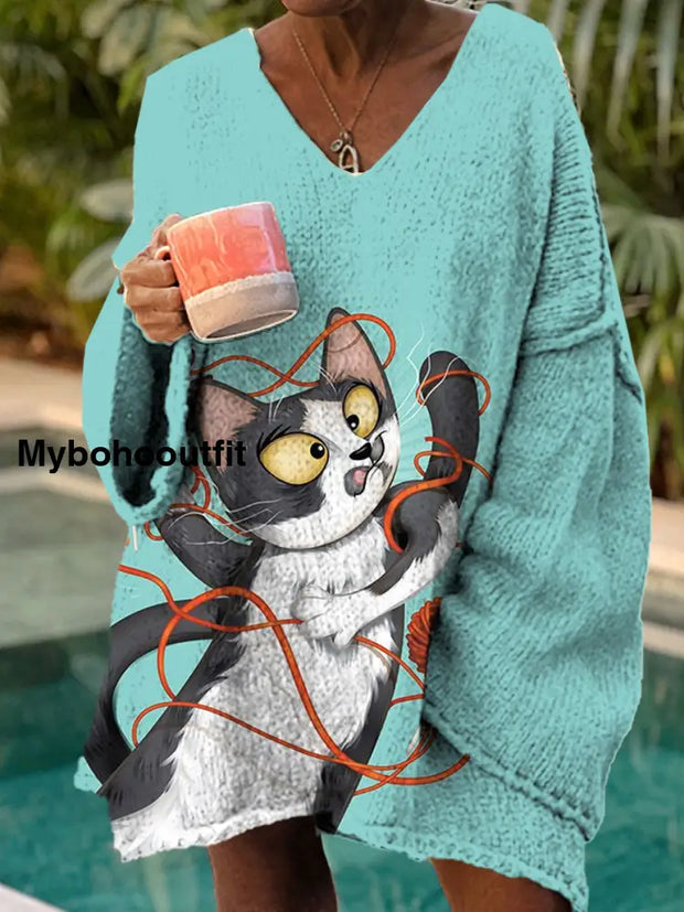 Women’s Fashion Elegant Artistic Cat Print V-Neck Long Sleeve Sweater A / S