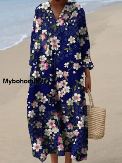 Women’s Fashion Elegant Artistic Floral Print Long Sleeve V Neck Maxi Dress A / S