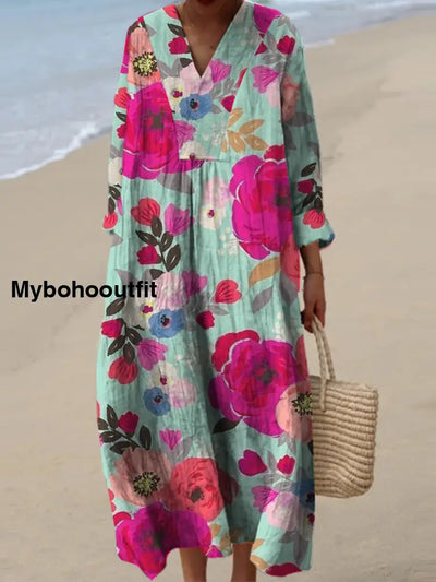 Women’s Fashion Elegant Artistic Floral Print Long Sleeve V Neck Maxi Dress A / S