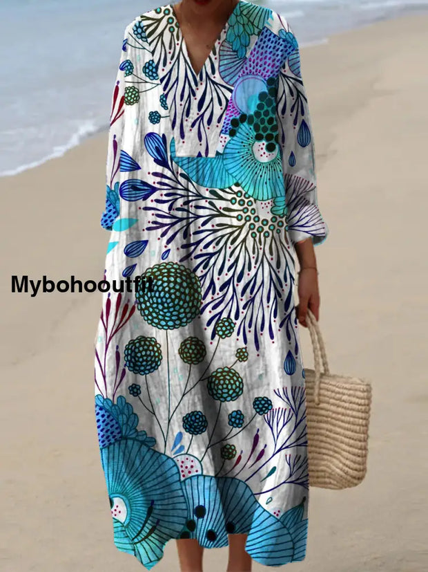 Women’s Fashion Elegant Artistic Floral Print Long Sleeve V Neck Maxi Dress A / S