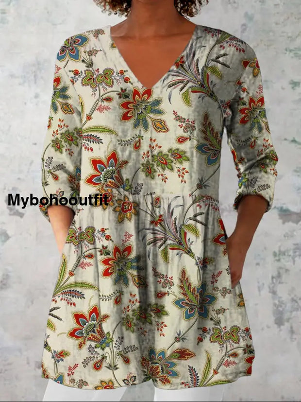 Women’s Fashion Elegant Artistic Floral Print Three Quarter Sleeve V Neck Top A / S