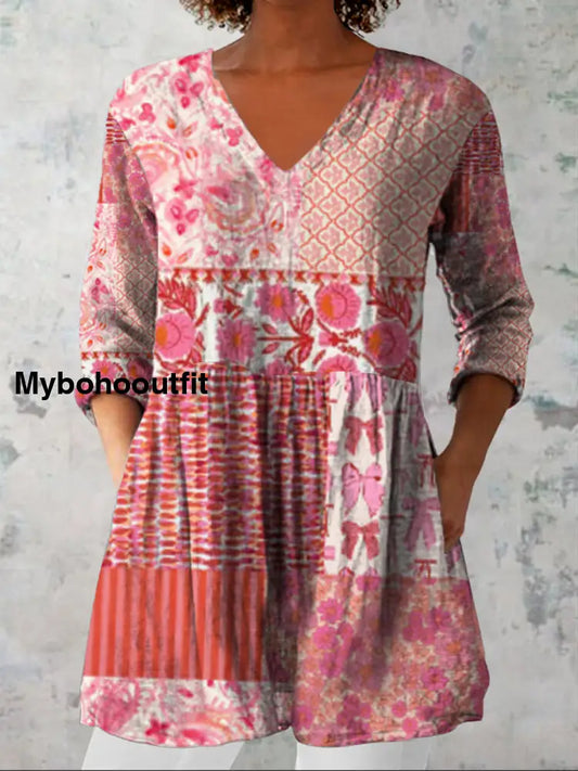 Women’s Fashion Elegant Artistic Floral Print Three Quarter Sleeve V Neck Top A / S