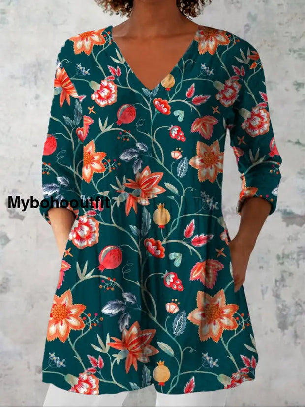 Women’s Fashion Elegant Artistic Floral Print Three Quarter Sleeve V Neck Top A / S