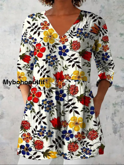 Women’s Fashion Elegant Artistic Floral Print Three Quarter Sleeve V Neck Top A / S