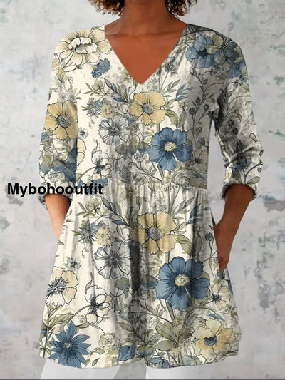 Women’s Fashion Elegant Artistic Floral Print Three Quarter Sleeve V Neck Top A / S