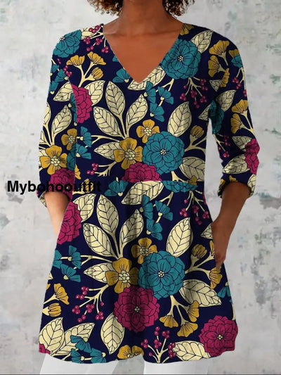 Women’s Fashion Elegant Artistic Floral Print Three Quarter Sleeve V Neck Top A / S