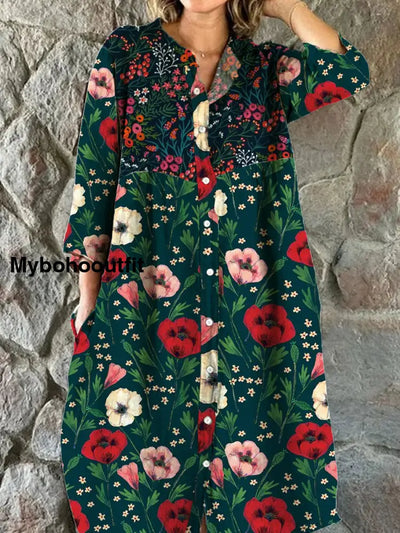 Women’s Fashion Elegant Artistic Floral Print Three Quarter Sleeves V Neck Button Midi Dress A / S