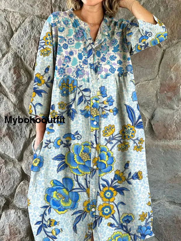 Women’s Fashion Elegant Artistic Floral Print Three Quarter Sleeves V Neck Button Midi Dress A / S